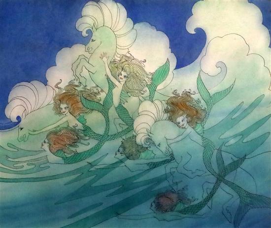 Elizabeth Mary Watt (1886-1954) Fairies riding seahorses 13.75 x 17in.
